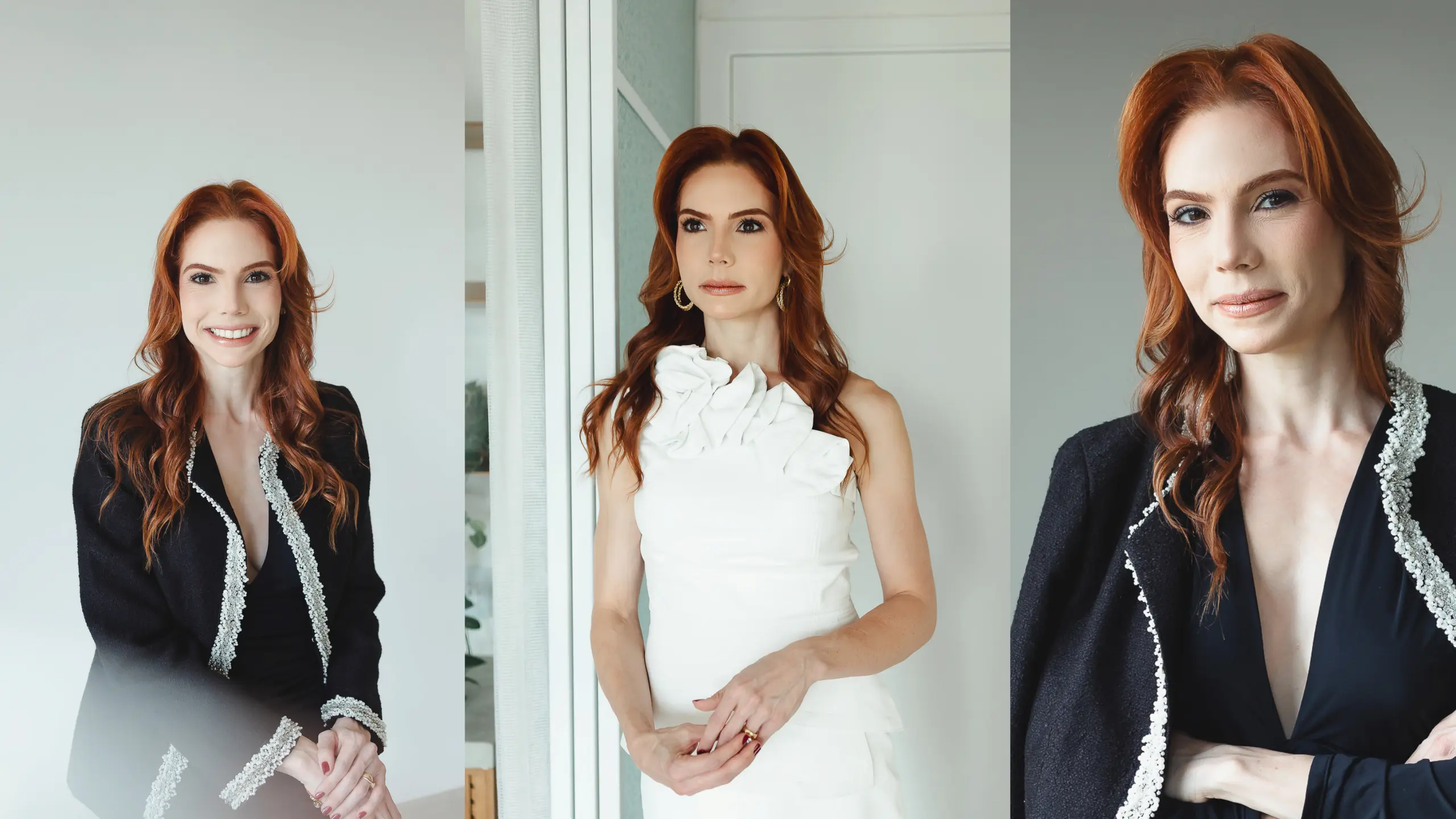 Advogada em estúdio, foco na modelo à esquerda